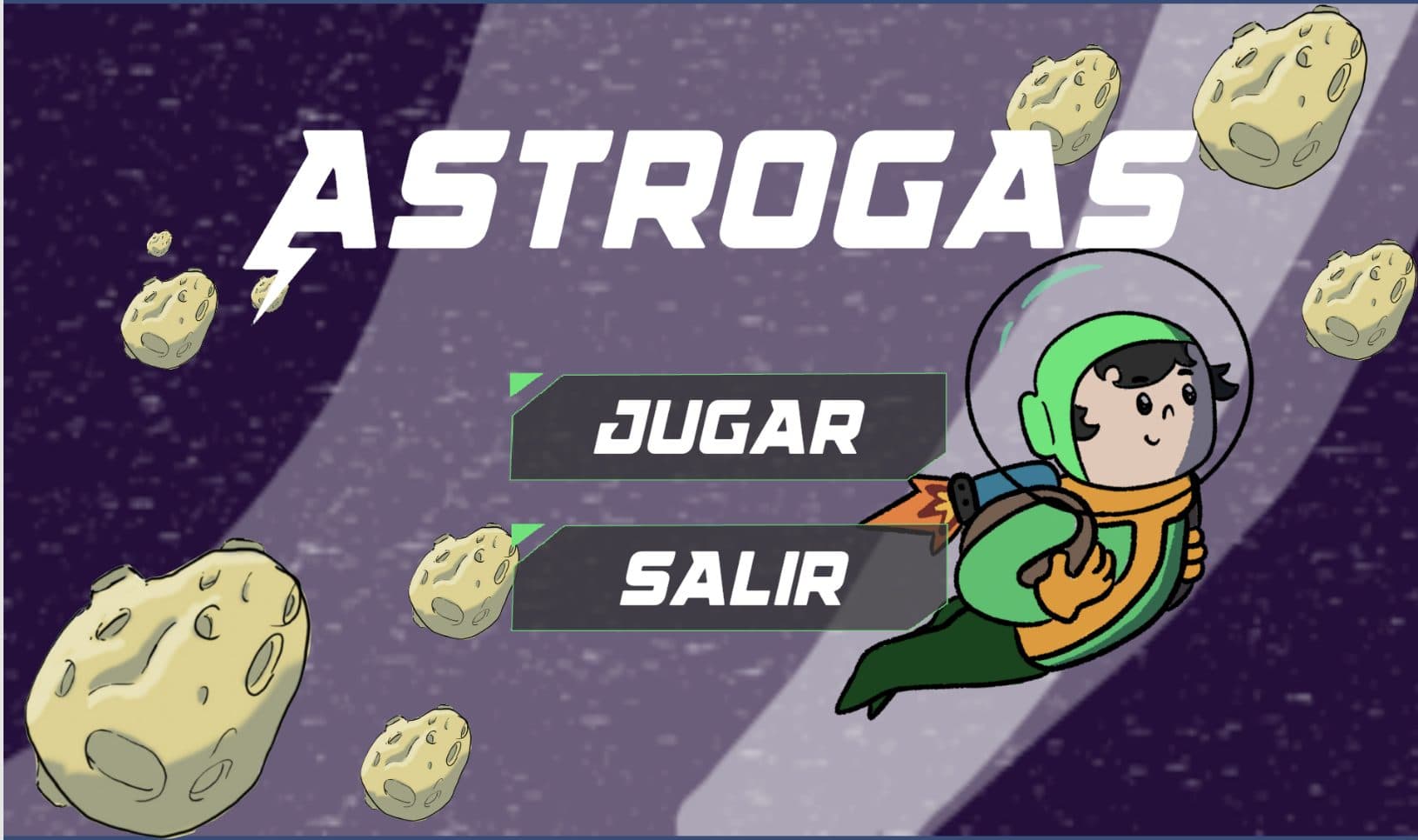 Menú principal de AstroGas: un astronauta con jetpack entre asteroides