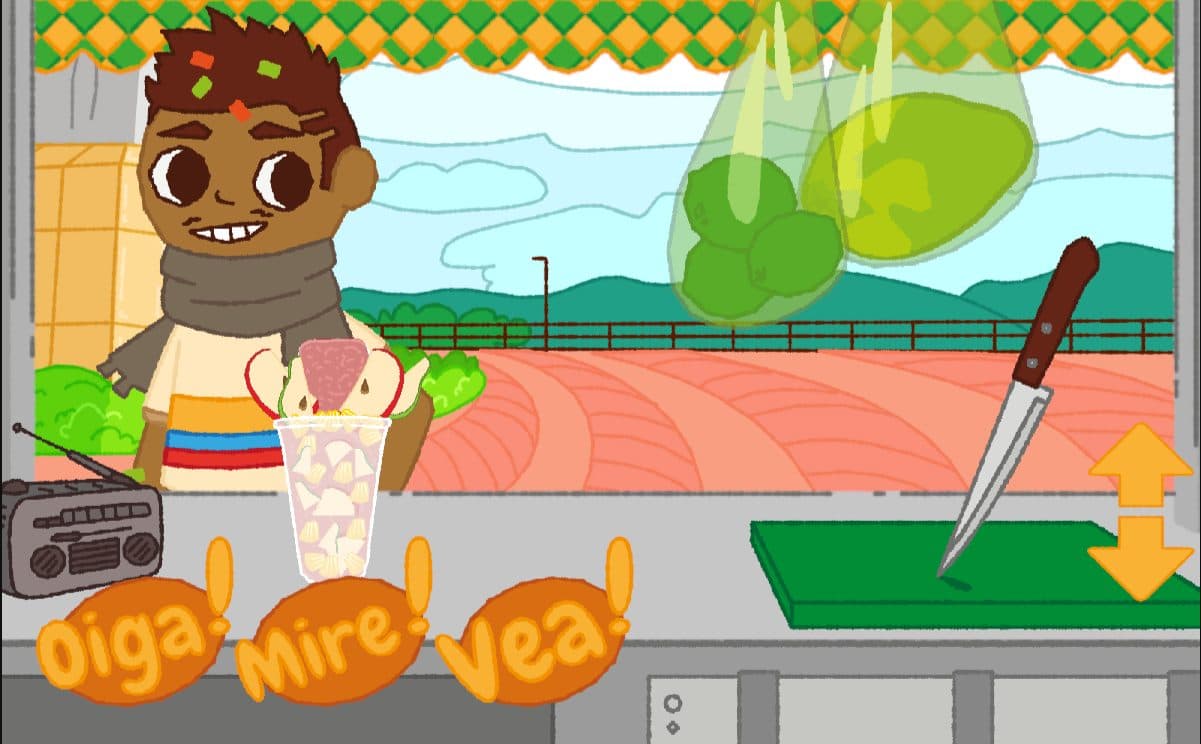 Cholao: un vendedor, un vaso con fruta y un cuchillo sobre la tabla